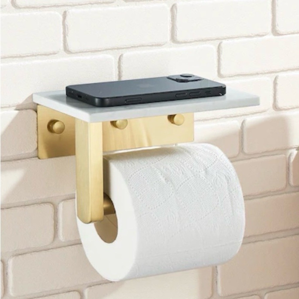 Gold and White Toilet Paper Holder with Shelf